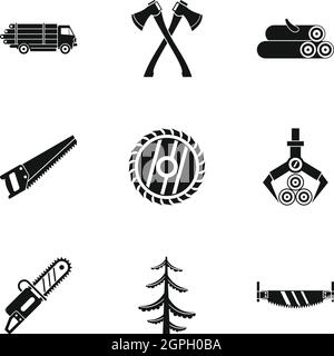 Cutting down trees icons set, simple style Stock Vector