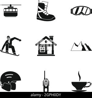 Snowboarding icons set, simple style Stock Vector