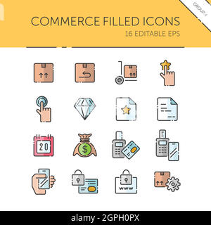 Commerce. Box, diamond, hand, swiping machine, security, money and calendar group. Isolated icon set. Filled vector illustration Stock Vector