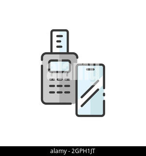 Transaction with smartphone. Swiping terminal payment. Pay with mobile. Filled color icon. Commerce vector illustration Stock Vector