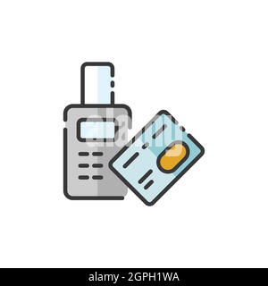 Pay with credit card reader machine. Swiping terminal payment. Contactless. Filled color icon. Commerce vector illustration Stock Vector