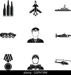 Equipment for war icons set, simple style Stock Vector