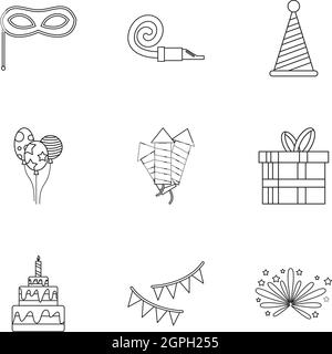 Holiday birthday icons set, outline style Stock Vector