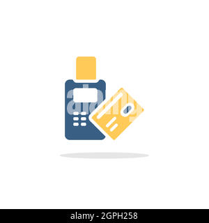 Pay with credit card reader machine. Swiping terminal payment. Icon with shadow. Commerce glyph vector illustration Stock Vector