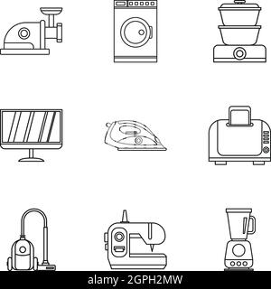 Home appliances icons set, outline style Stock Vector