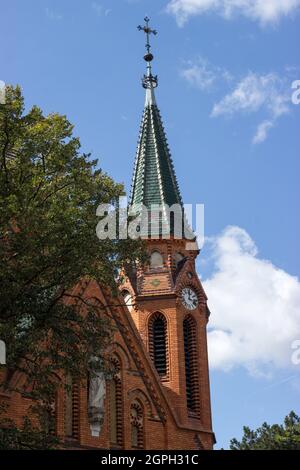 Detail of the tower of the Church of the Visitation of the Virgin Mary in Breclav-Postorná is built in the neo-Gothic style Stock Photo