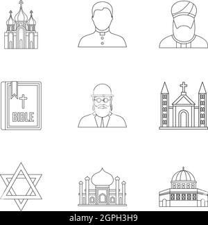 Religious faith icons set, outline style Stock Vector