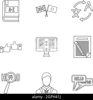 Translation icons set, outline style Stock Vector