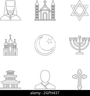 Faith icons set, outline style Stock Vector