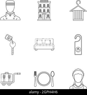 Hotel icons set, outline style Stock Vector