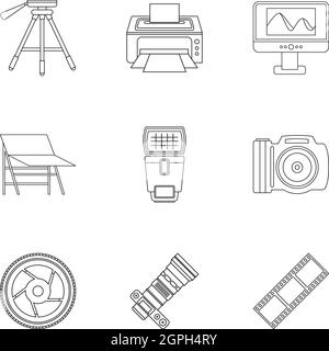 Photography icons set, outline style Stock Vector