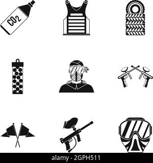 Shooting paintball icons set, simple style Stock Vector