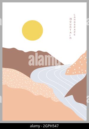 Vector illustration of a mountain landscape with river. Geometric landscape background in asian japanese style. Stock Vector