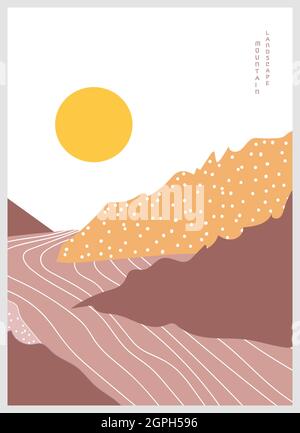 Vector illustration of a mountain landscape with river. Geometric landscape background in asian japanese style. Stock Vector