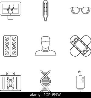 Healing icons set, outline style Stock Vector