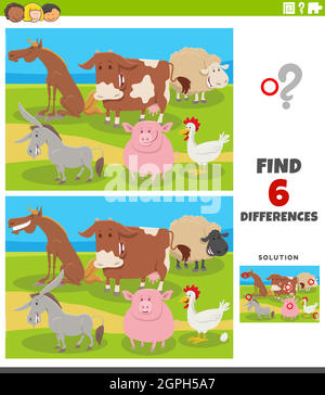 differences game with cartoon farm animals coloring page Stock Vector ...