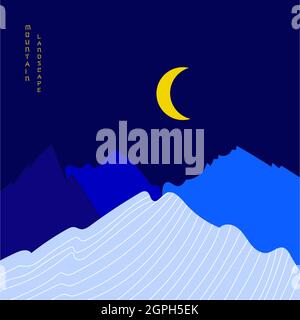 Abstract night mountain landscape poster. Geometric landscape background in asian japanese style.  Stock Vector