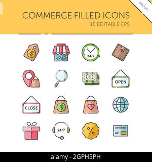 Commerce. Store, tag, wallet, pay, label, money, location and call center group. Isolated icon set. Filled vector illustration Stock Vector