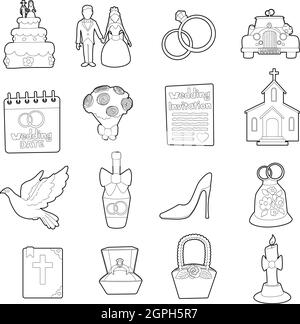 Wedding icons set, ouline cartoon style Stock Vector