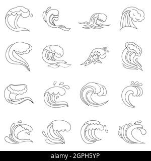 Sea waves icons set, outline style Stock Vector