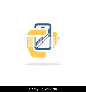 Smartphone in a hand. Mobile payment technology. Icon with shadow. Commerce glyph vector illustration Stock Vector