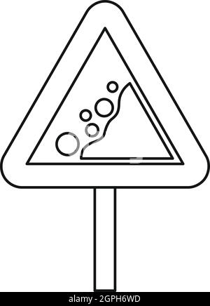 Falling rocks warning road sign icon outline style Stock Vector