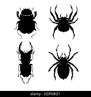 Set of beetles and spiders silhouette vector illustrations. Hand drawing style Stock Vector