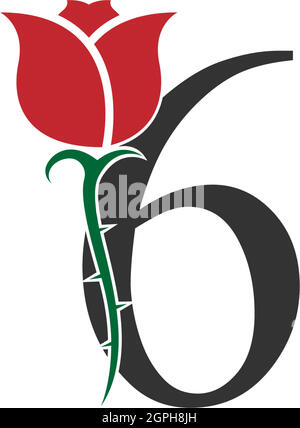 Number 6 logo icon with rose design vector Stock Vector
