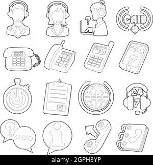 Call center items icons set, outline cartoon style Stock Vector
