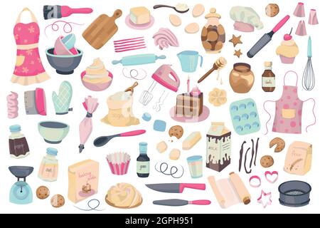 Collection of simple hand drawn vector illustrated doodles of baking tools, ingredients and elements. Bright colored elements on a white background. Stock Vector