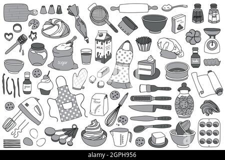 Collection of simple hand drawn vector illustrated doodles of baking tools, ingredients and elements. Grayscale colored elements on white background. Stock Vector