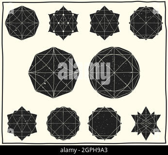 Set with filled black geometric shapes and elements with frame, lines, polyhedrons, triangles Stock Vector