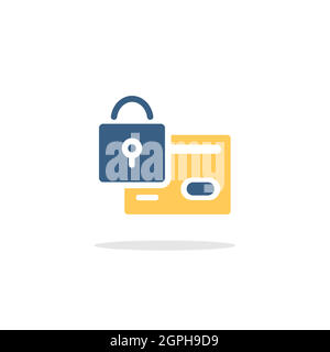 Secure credit card payment. Security padlock. Icon with shadow. Commerce glyph vector illustration Stock Vector