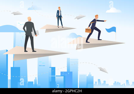 Business people standing on flying paper planes Stock Vector