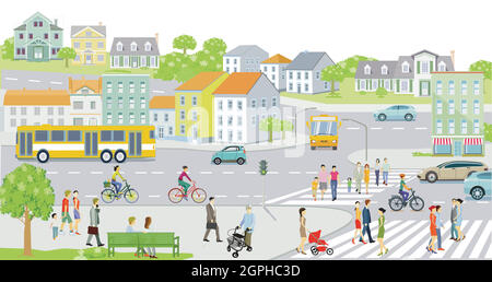 Small town with country houses in the suburb - illustration Stock Vector