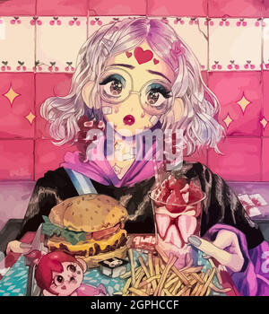 Anime girl with glasses, with a burger, fries and a cocktail on a tray. Stock Vector