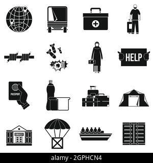 Refugees problem icons set, simple style Stock Vector