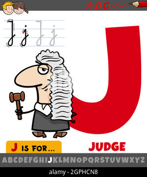 letter J from alphabet with cartoon judge character Stock Vector