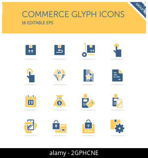 Commerce. Box, diamond, hand, swiping machine, security, money and calendar group. Isolated icon set. Isolated icon set. Glyph vector illustration Stock Vector
