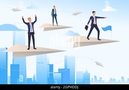 Business people standing on paper planes Stock Vector