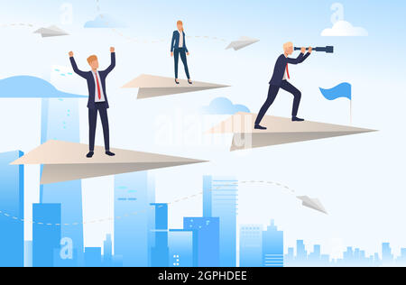 Business leaders standing on paper planes Stock Vector