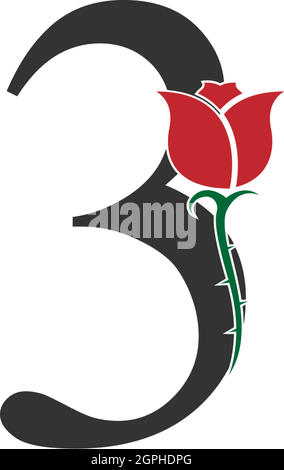 Number 3 logo icon with rose design vector Stock Vector