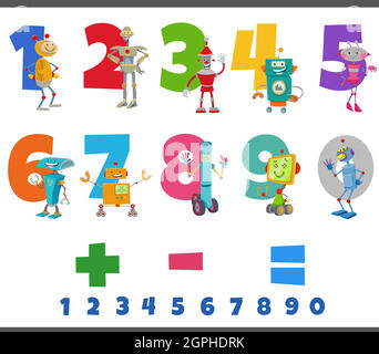 educational numbers set with funny robots characters Stock Vector