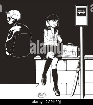 anime girl smokes at the bus stop. Illustration in black and white style Stock Vector