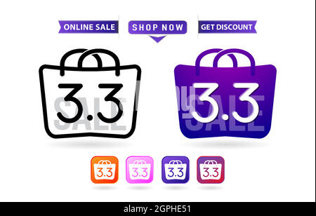 Shopping bag 3.3 sale, handbag 3.3 woman of months sale, labels and tag icons shopping bag and handbag illustration monochrome and colors, calendar for sale, poster, flyer and banners for e-commerce. Stock Vector
