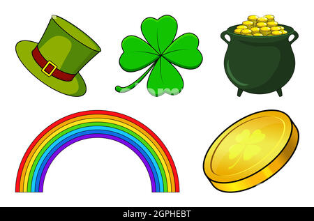Patricks day icon set. Vector holiday collection for irish celebration. Cartoon illustration isolated on white. Contains four leaf clover, rainbow, cauldron with coins and green hat. Stock Vector