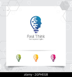 Brain logo bulb design concept of head vector and lamp icon. Smart idea logo used for studio and professional. Stock Vector