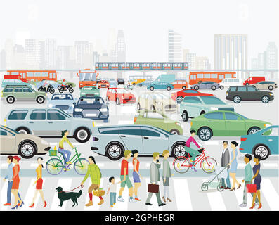 City silhouette with traffic in traffic jam, and elevated train, people on the sidewalk Stock Vector