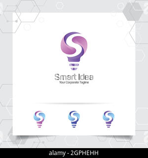 Bulb logo smart idea design concept of letter S symbol and colorful lamp vector icon. Smart idea logo used for studio, professional and agency. Stock Vector