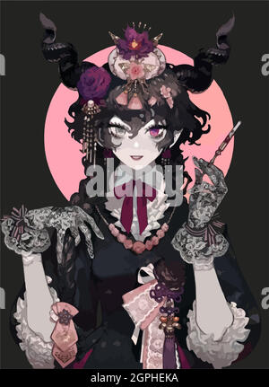 Gothic anime girl with a mouthpiece in her hand. Stock Vector